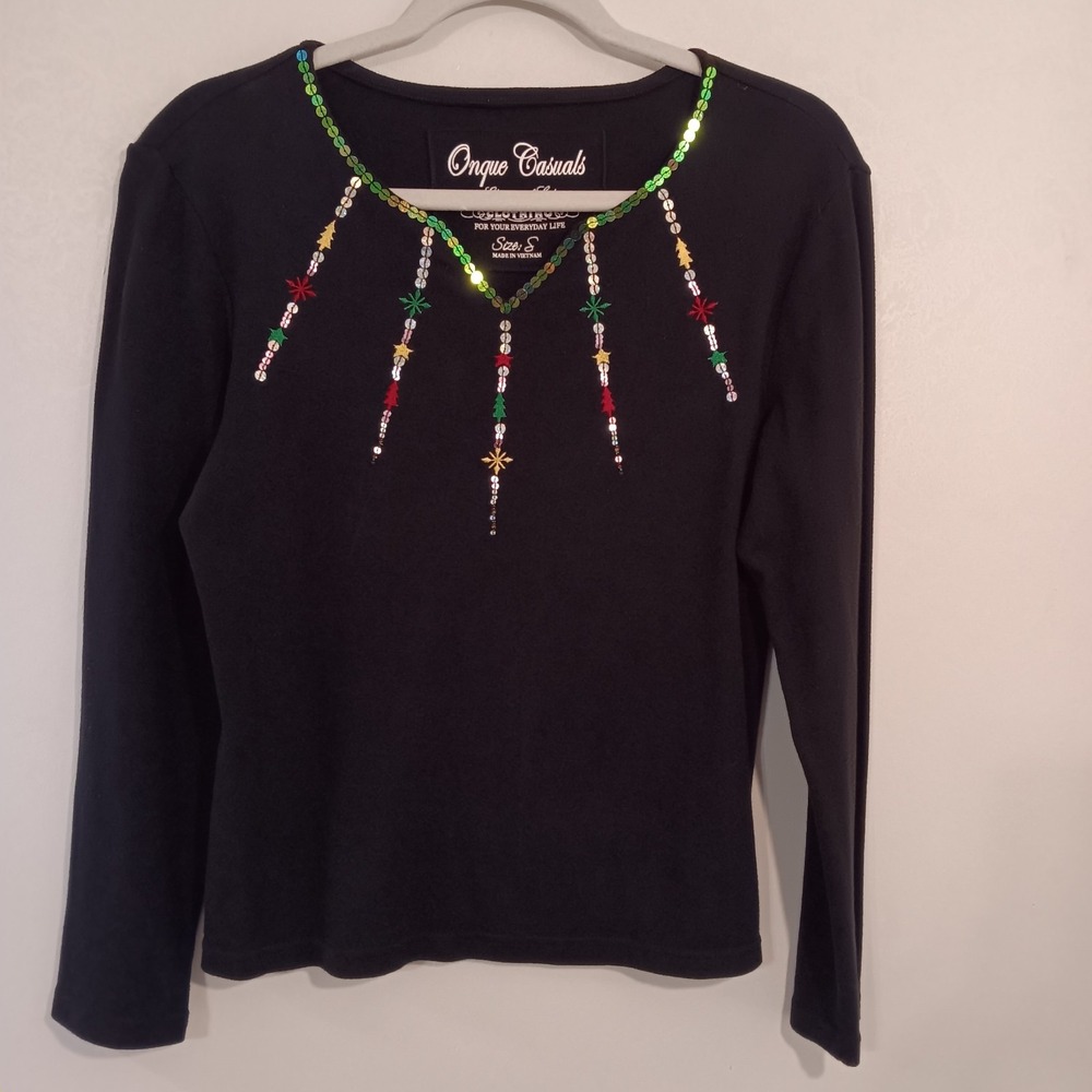 Onque Casuals‎ Women's Blouse Sz. S Black Long Sleeve Holiday Christmas...